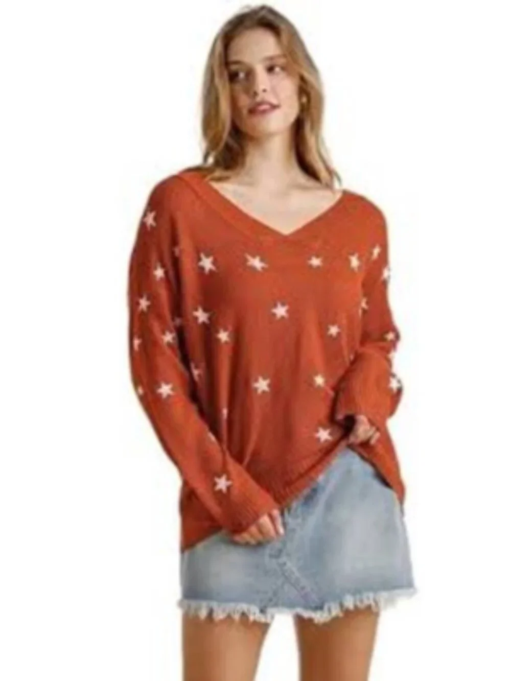 Umgee Star Print V-Neck Sweater